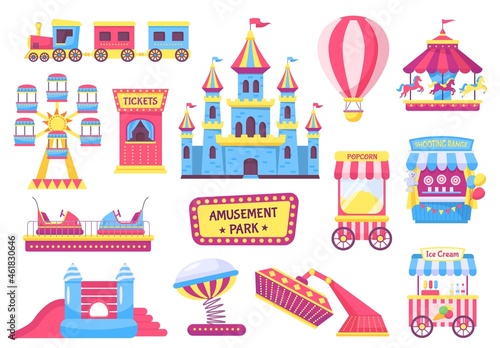 Amusement park elements, festival or carnival fairground games. Roller coaster, train, carousel, circus tent, fair attractions vector set. Popcorn and ice cream food stalls, flying hot air balloon