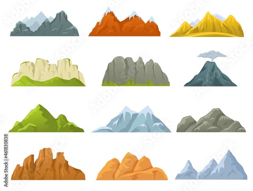 Cartoon mountains ridges, rocky cliffs, snowy peaks and hills. Stone cliff, volcano, hill, mountain nature game design elements vector set. Rocky landscape of different shape, traveling concept