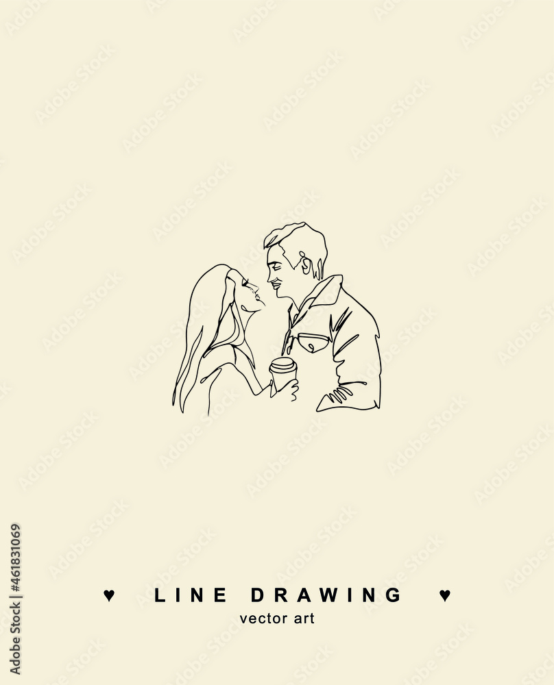 A loving couple looks at each other. The man looks at the woman. A glass of coffee in hands. Group of hand drawn talking young people. Vector logo with people. A loving couple looks at each other. The man looks at the woman. A glass of coffee in hands. Group of hand drawn talking young people. Vector logo with people.