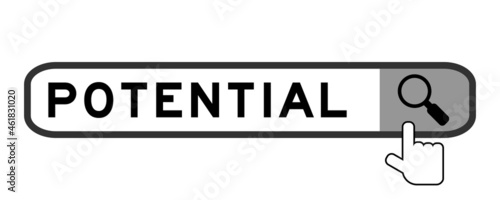 Search banner in word potential with hand over magnifier icon on white background