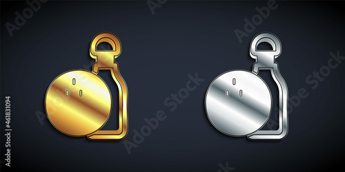 Gold and silver Bowling pin and ball icon isolated on black background. Sport equipment. Long shadow style. Vector