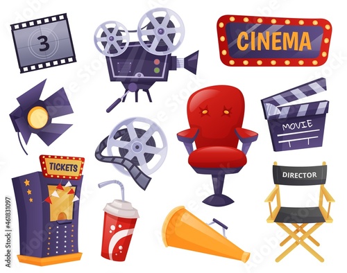 Cartoon movie elements, cinema entertainment, film industry. Clapperboard, retro video camera, director chair, film making equipment vector set. Selling ticket booth, glowing signboard