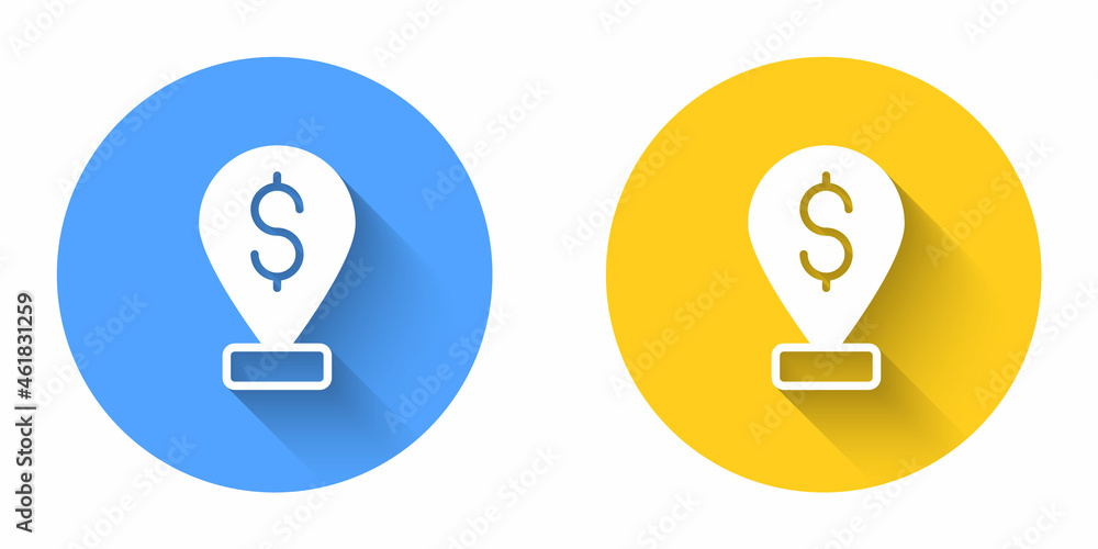 White Cash location pin icon isolated with long shadow background. Pointer and dollar symbol. Money location. Business and investment concept. Circle button. Vector White Cash location pin icon isolated with long shadow background. Pointer and dollar symbol. Money location. Business and investment concept. Circle button. Vector