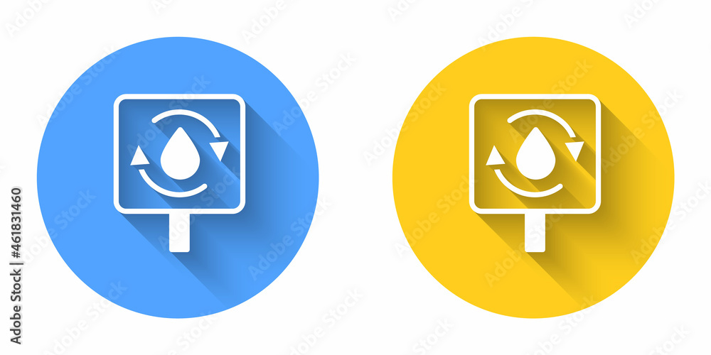 White Recycle clean aqua icon isolated with long shadow background. Drop of water with sign recycling. Circle button. Vector White Recycle clean aqua icon isolated with long shadow background. Drop of water with sign recycling. Circle button. Vector
