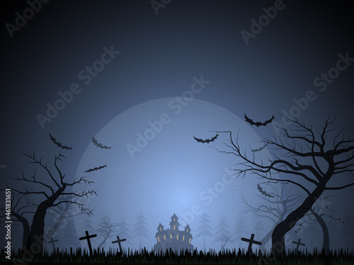 Halloween festival background image The mansion behind the cemetery with trees And the grass is desolate Graves and bats And the big moon, flat vector illustration