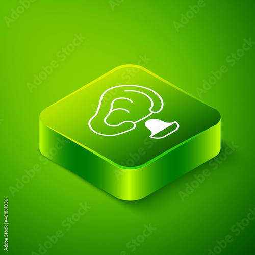 Isometric Earplugs and ear icon isolated on green background. Ear plug sign. Noise symbol. Sleeping quality concept. Green square button. Vector