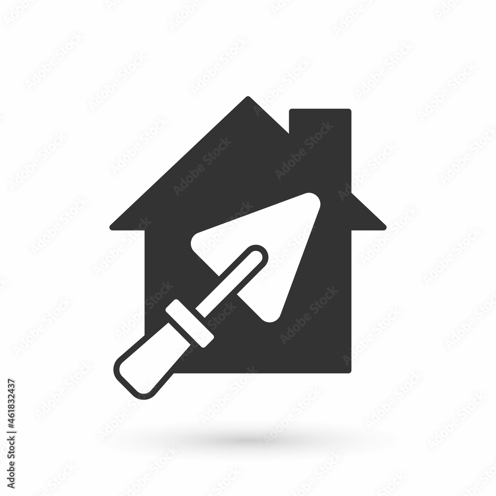 Grey House or home with trowel icon isolated on white background. Adjusting, service, setting, maintenance, repair, fixing. Vector Grey House or home with trowel icon isolated on white background. Adjusting, service, setting, maintenance, repair, fixing. Vector