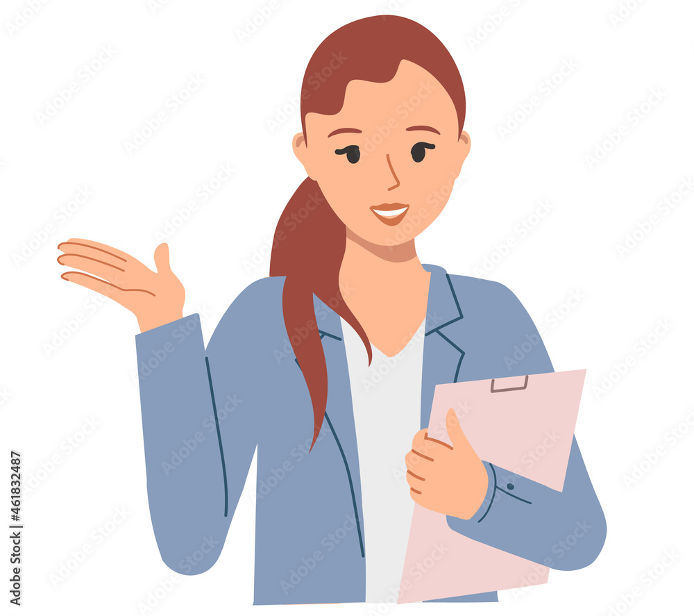 girl with a folder or tablet in office clothes serves clients. Illustration on the topic of business, marketing, customer acquisition girl with a folder or tablet in office clothes serves clients. Illustration on the topic of business, marketing, customer acquisition