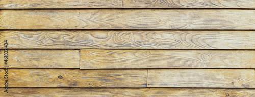 panoramic view of an old and worn acacia wood plank. wood grain very marked. colour sand. banner and graphic resources