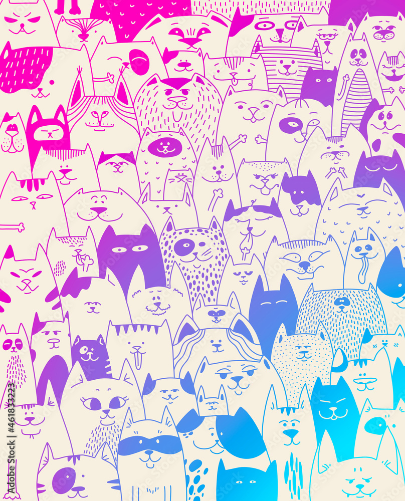 A lot of cats. Children's game coloring. More pets. Variety of kittens. Neon pets background. Cat’s eyes, ears. Flock of wild cats on one poster. Pet shop poster. Pet shelter. A lot of cats. Children's game coloring. More pets. Variety of kittens. Neon pets background. Cat’s eyes, ears. Flock of wild cats on one poster. Pet shop poster. Pet shelter.