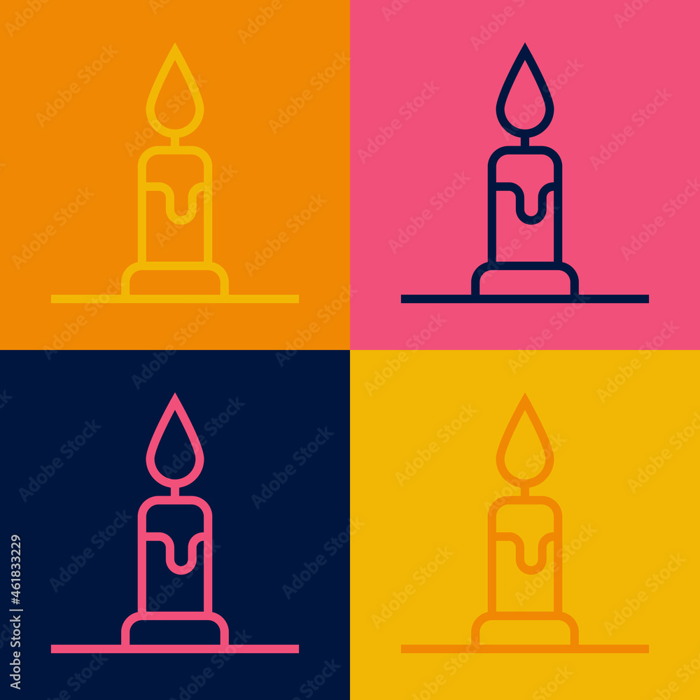 Pop art line Burning candle in candlestick icon isolated on color background. Cylindrical candle stick with burning flame. Vector Pop art line Burning candle in candlestick icon isolated on color background. Cylindrical candle stick with burning flame. Vector