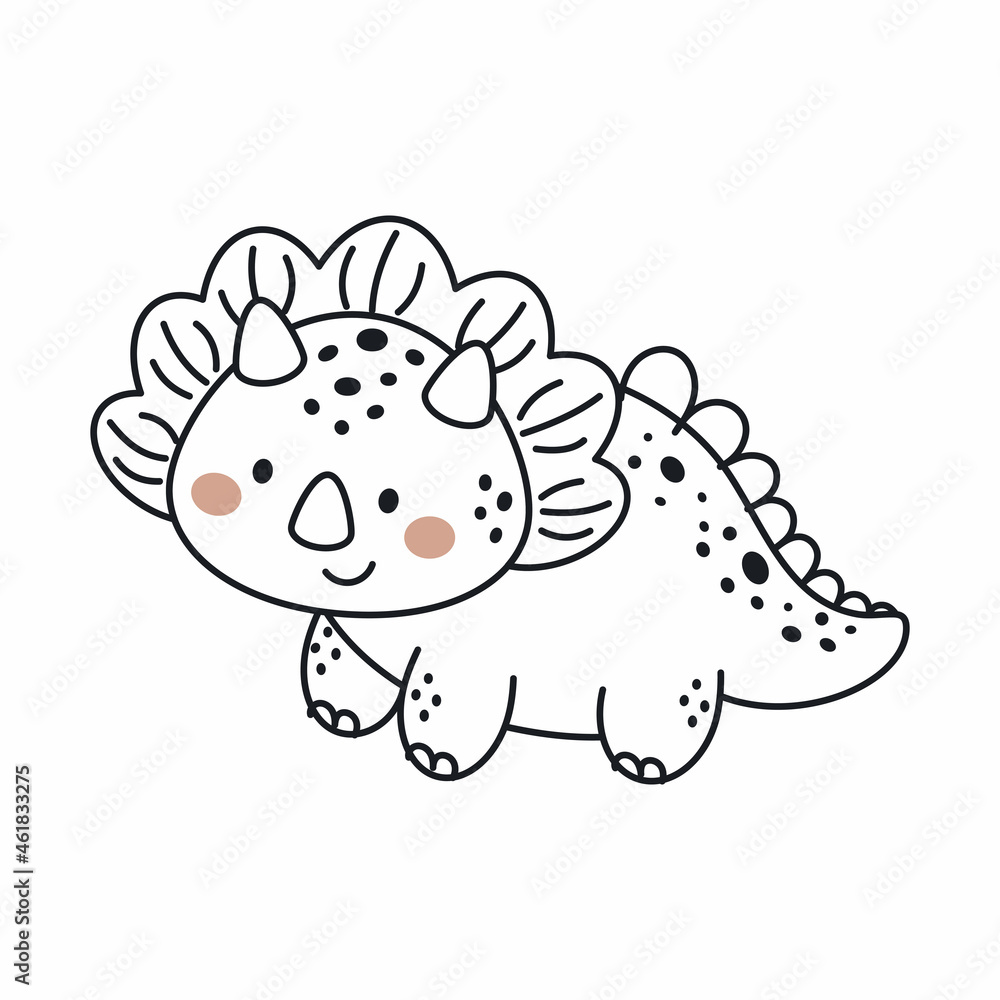 Obraz premium Cute dinosaur in outline sketch style. Funny cartoon dino for kids cards, baby shower, t-shirt, birthday invitation, house interior. Bohemian childish vector illustration.