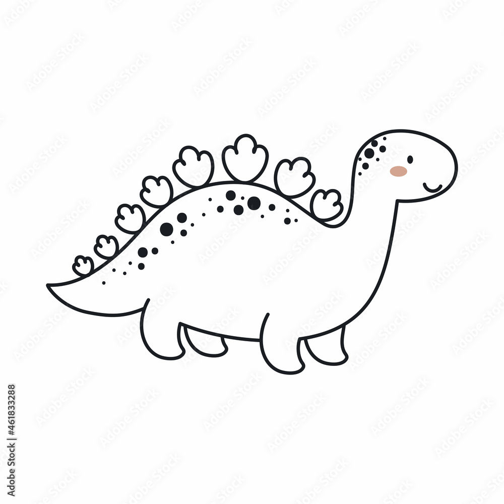 Cute dinosaur in outline sketch style. Funny cartoon dino for kids cards, baby shower, t-shirt, birthday invitation, house interior. Bohemian childish vector illustration.