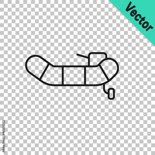 Black line Inflatable boat with outboard motor icon isolated on transparent background. Vector