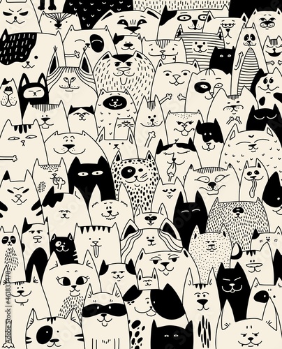Full house of cats. Many different art cats. The characters of the kitten. Pets. Affectionate cat. Background for a pet store.