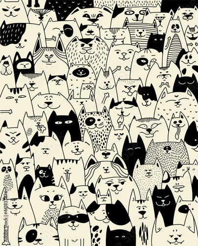 Full house of cats. Many different cats in the vector. The characters of the cats. Pets. Affectionate cat. Background for a pet store.