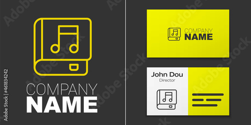 Logotype line Audio book icon isolated on grey background. Musical note with book. Audio guide sign. Online learning concept. Logo design template element. Vector