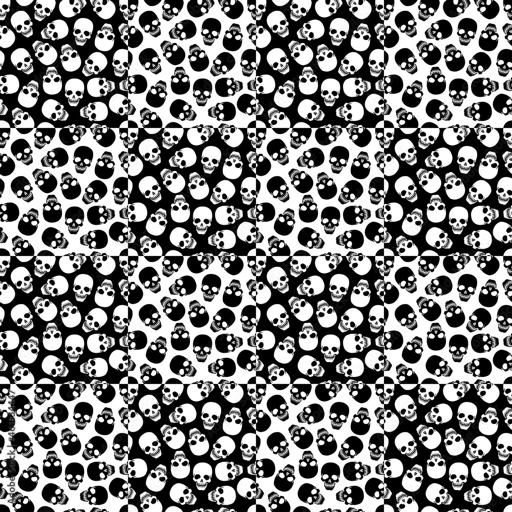 Seamless human skull background. Silhouettes of white skulls on a black background and black skulls on a white background, arranged in a checkerboard pattern. Vector illustration for design and web.