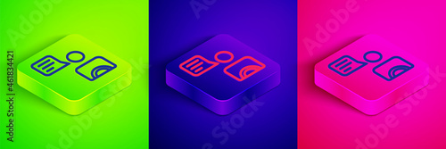 Isometric line Taxi driver icon isolated on green, blue and pink background. Square button. Vector