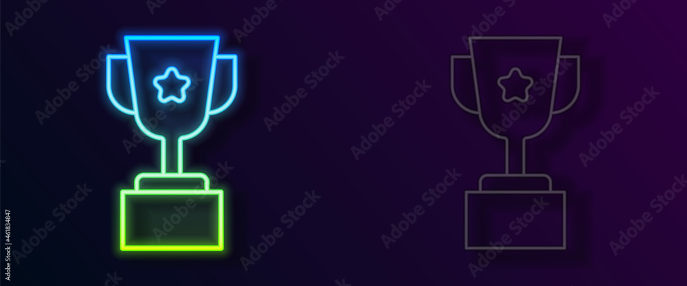 Glowing neon line Award cup icon isolated on black background. Winner trophy symbol. Championship or competition trophy. Sports achievement sign. Vector