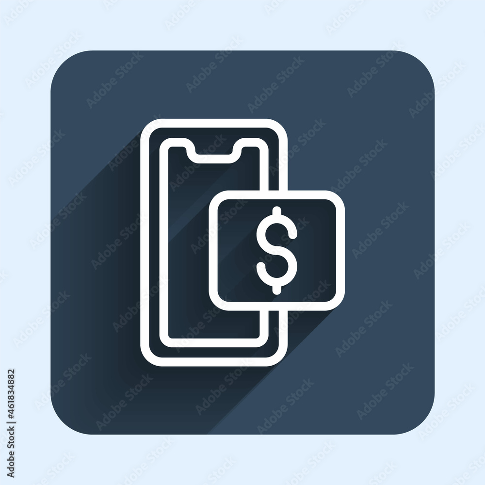 White line Mobile phone and shopping cart icon isolated with long shadow background. Online buying symbol. Supermarket basket symbol. Blue square button. Vector White line Mobile phone and shopping cart icon isolated with long shadow background. Online buying symbol. Supermarket basket symbol. Blue square button. Vector