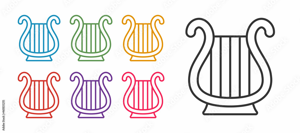 Set line Ancient Greek lyre icon isolated on white background. Classical music instrument, orhestra string acoustic element. Set icons colorful. Vector