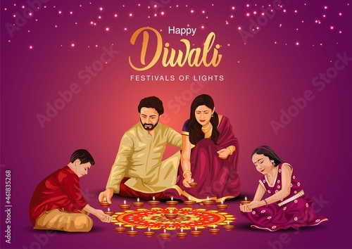 Indian family celebrate Diwali festival background with decorated Rangoli and Diya. vector illustration design.