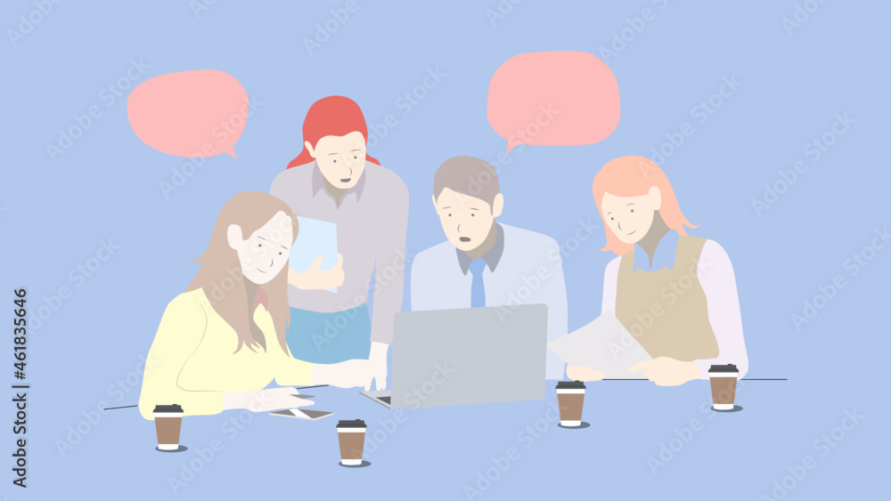 Business people working, brainstorming, discussing ideas for project with message bubble. Business people working, brainstorming, discussing ideas for project with message bubble.