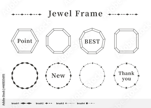 宝石型のラインフレーム、枠、見出し素材のイラストセット　黒色バージョン