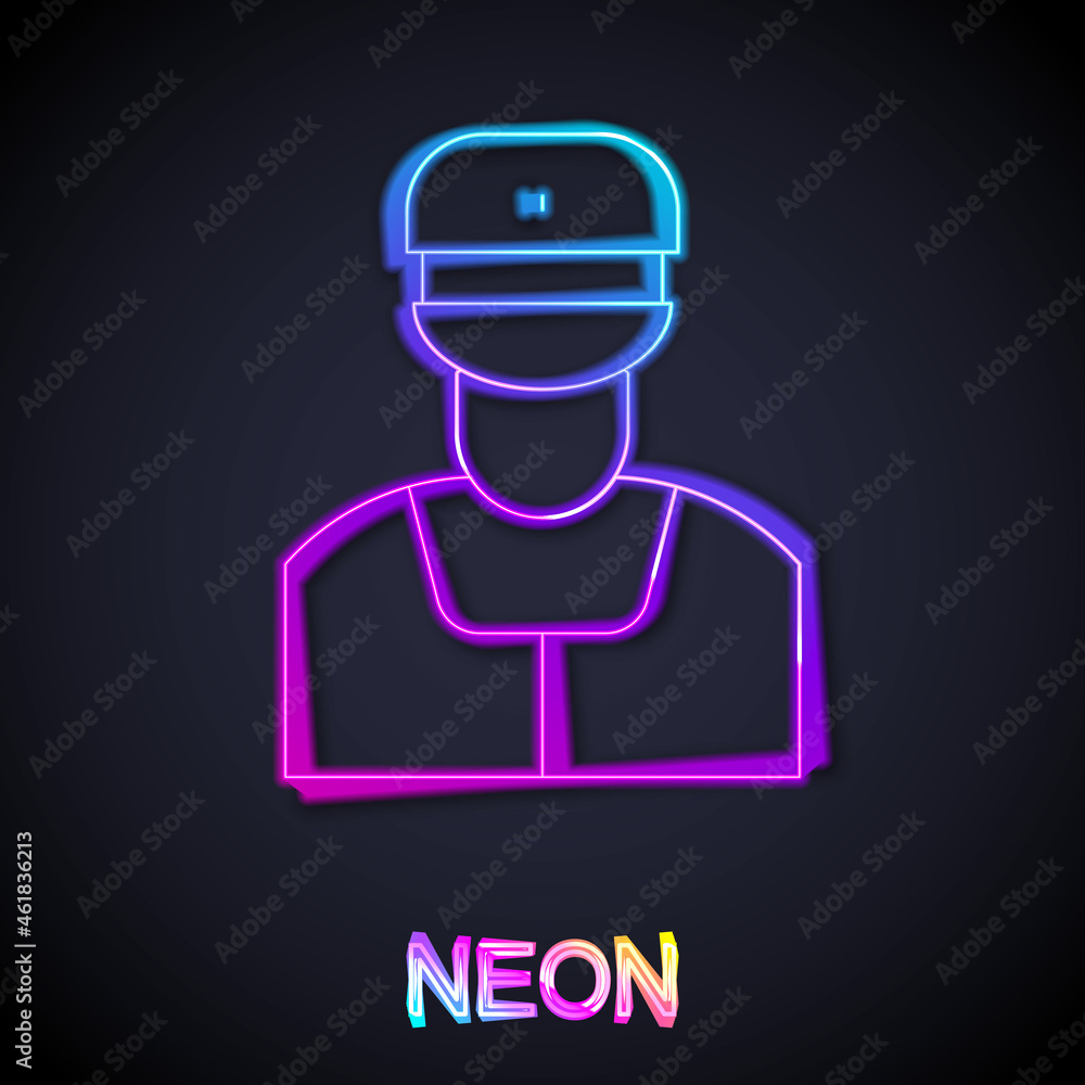 Glowing neon line Train conductor icon isolated on black background. Vector Glowing neon line Train conductor icon isolated on black background. Vector