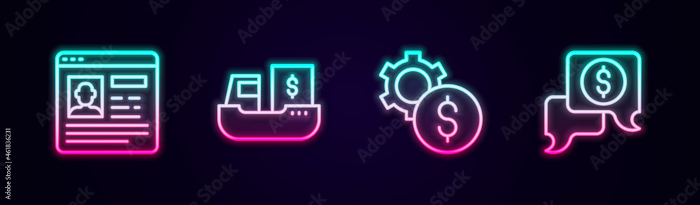 Set line Resume, Cargo ship with boxes delivery, Gear dollar symbol and Business negotiations. Glowing neon icon. Vector Set line Resume, Cargo ship with boxes delivery, Gear dollar symbol and Business negotiations. Glowing neon icon. Vector
