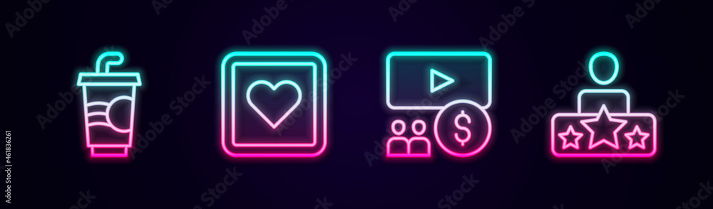 Set line Paper glass with water, Like heart, Cinema auditorium screen and Actor star. Glowing neon icon. Vector Set line Paper glass with water, Like heart, Cinema auditorium screen and Actor star. Glowing neon icon. Vector
