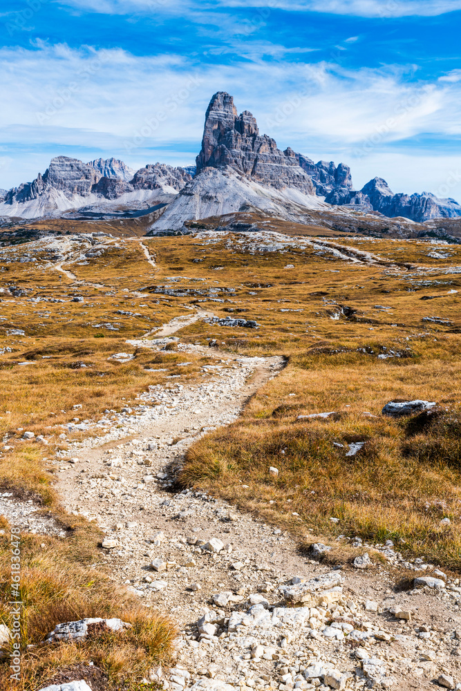 Autumn panorama on Monte Piana. View from the trenches to the three peaks of Lavaredo. Dolomites. Autumn panorama on Monte Piana. View from the trenches to the three peaks of Lavaredo. Dolomites.