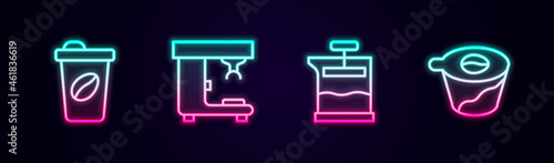 Set line Coffee cup to go, machine, French press and Pour over coffee maker. Glowing neon icon. Vector