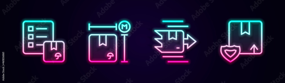 Set line Verification of delivery list, Cardboard box measurement, Carton cardboard and Delivery security with shield. Glowing neon icon. Vector Set line Verification of delivery list, Cardboard box measurement, Carton cardboard and Delivery security with shield. Glowing neon icon. Vector