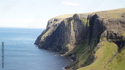 Rugged sea and cliff landscapes on Suðuroy Island in the Faroe Islands of Denmark.