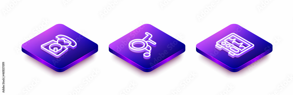 Set Isometric line Emergency call 911, Wheelchair for disabled person and Monitor with cardiogram icon. Vector Set Isometric line Emergency call 911, Wheelchair for disabled person and Monitor with cardiogram icon. Vector