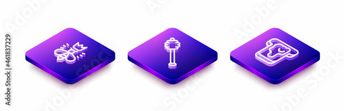 Set Isometric line Queen bee, Honey dipper stick and Bread with honey icon. Vector