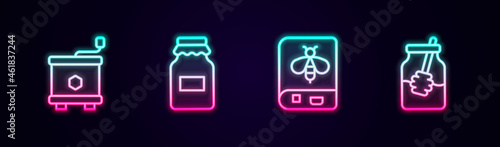 Set line Honey extractor, Jar of honey, Book about bee and and dipper stick. Glowing neon icon. Vector