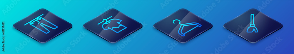 Set Isometric line Hanger wardrobe, Drying clothes, Handle broom and icon. Vector Set Isometric line Hanger wardrobe, Drying clothes, Handle broom and icon. Vector