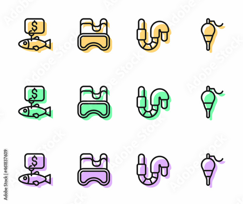 Set line Worm, Price tag for fish, Diving mask and Fishing float icon. Vector