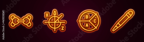 Set line Molecule, Trigonometric circle, Pie chart infographic and Pencil with eraser. Glowing neon icon. Vector