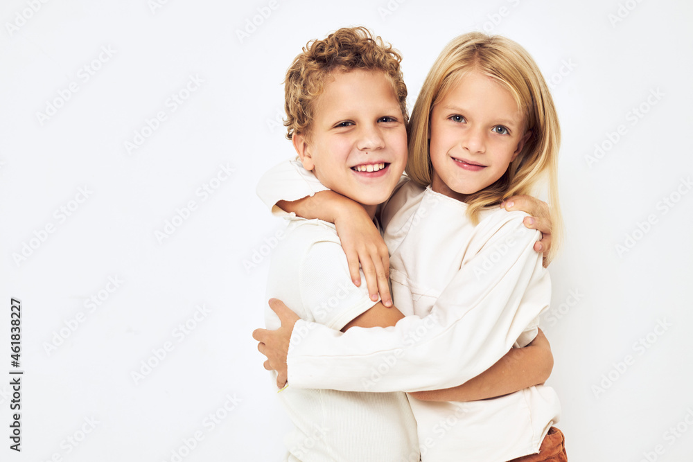 little cheerful cheery friends gesticulate with their hands isolated background little cheerful cheery friends gesticulate with their hands isolated background