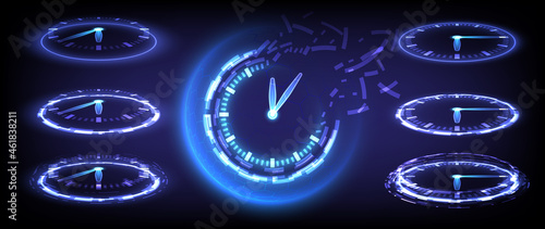 Time machine, timer and deadline. Sci-fi digital high-tech collection in glowing HUD elements clock. Hologram portal of science futuristic technology. Magic warp gate in game fantasy. Teleport podium