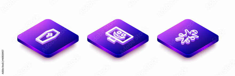 Set Isometric line Coffin with christian cross, Happy Halloween holiday and Voodoo doll icon. Vector Set Isometric line Coffin with christian cross, Happy Halloween holiday and Voodoo doll icon. Vector