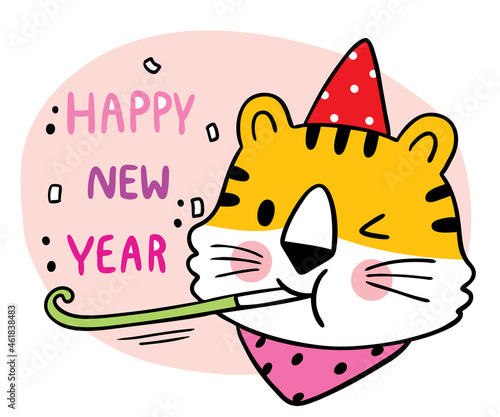 Cartoon cute Happy New Year 2022 Tiger  greeting vector.