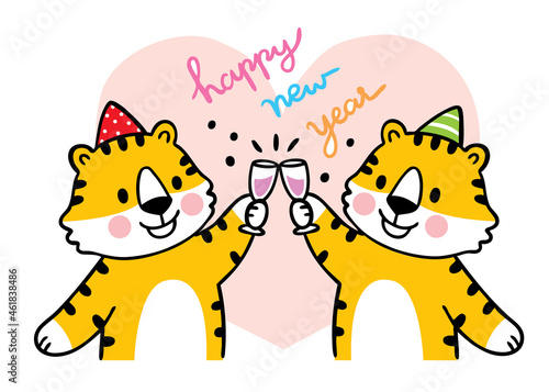 Cartoon cute Happy New Year 2022 Tiger  greeting vector.