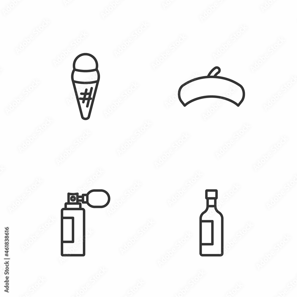 Set line Bottle of wine, Perfume, Ice cream waffle and French beret icon. Vector Set line Bottle of wine, Perfume, Ice cream waffle and French beret icon. Vector