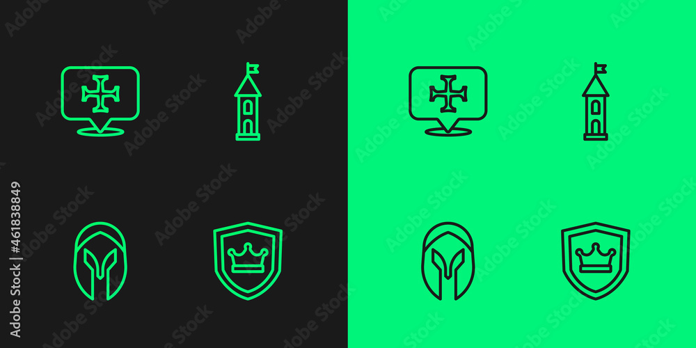Set line Shield with crown, Medieval helmet, Crusade and Castle tower icon. Vector Set line Shield with crown, Medieval helmet, Crusade and Castle tower icon. Vector