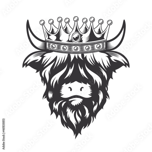 Highland cow King with crown head design on white background. Farm Animal. Cows logos or icons. vector illustration.